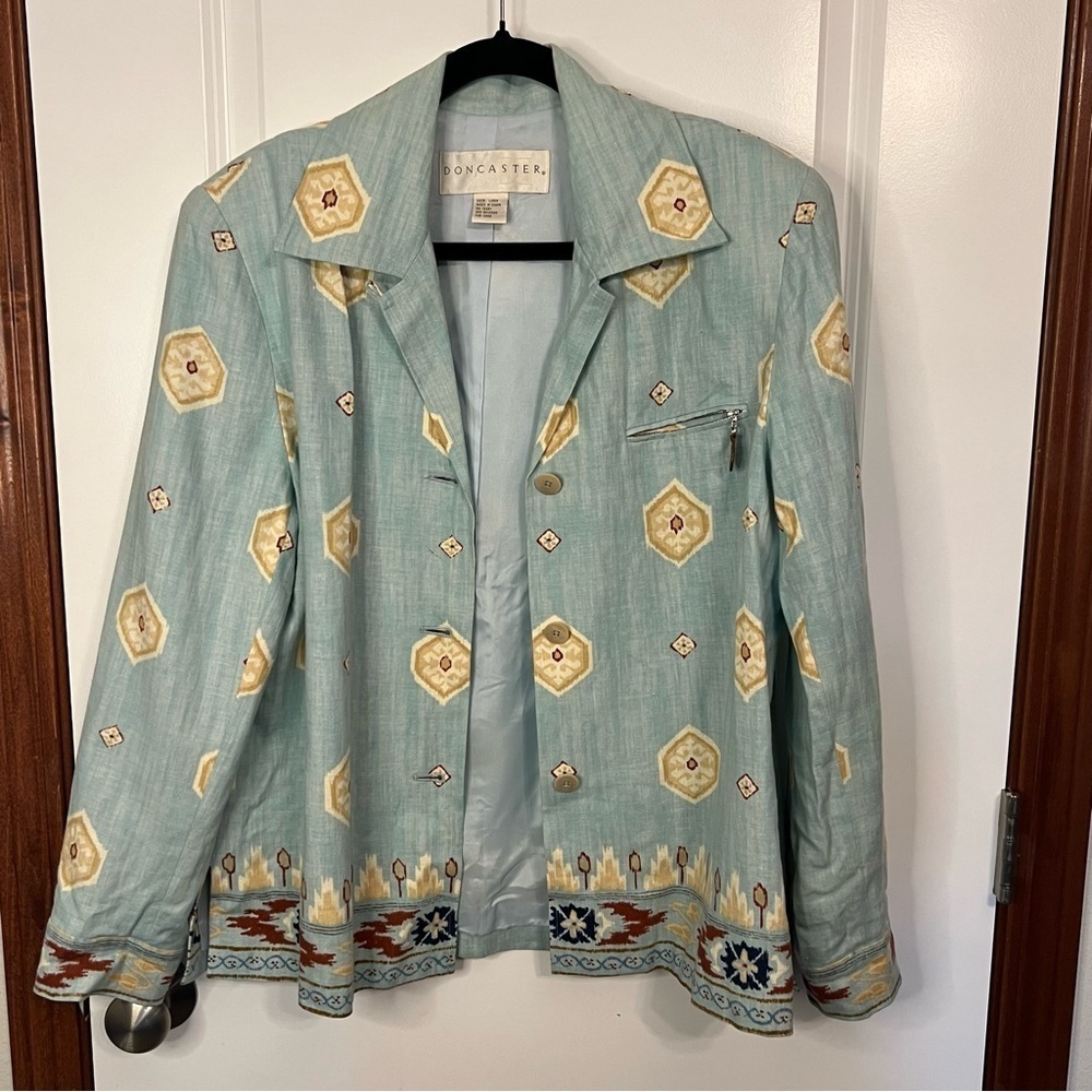 Doncaster 100% Linen Button Down Sports Blazer Jacket Women Size 12 Aqua Aztec - Picture 1 of 10